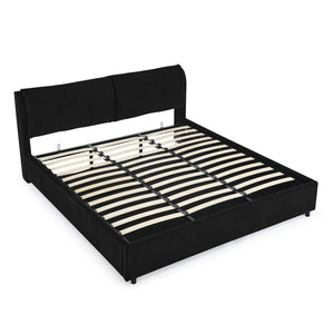 English Elm King Size Hydraulic Platform Bed With Integrated Headboard - Stylish Chenille Upholstery, Black W1413S00116