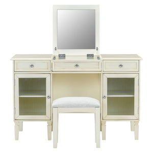 English Elm 2-in-1 Vanity Desk with Flip Mirror and Ample Storage — White Oak Dressing Table & Workstation N844P292487E
