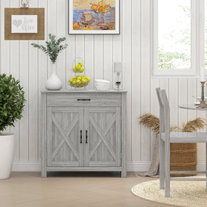 English Elm HOMCOM Rustic Farmhouse Sideboard Buffet Cabinet with Barn Doors, Drawer & Adjustable Shelves for Entryway Stone Gray W2225P229123