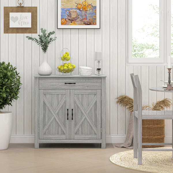 English Elm HOMCOM Rustic Farmhouse Sideboard Buffet Cabinet with Barn Doors, Drawer & Adjustable Shelves for Entryway Stone Gray W2225P229123