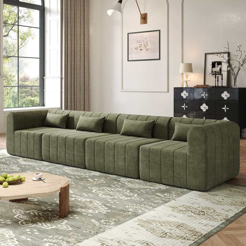 English Elm 145.5 Inch 4 Piece Modular Sectional Sofa Polyester Low Profile Living Room Couch Green N767P346281G