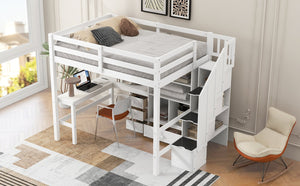 English Elm Full Full Size Loft Bed with L-Shaped Desk, Drawers, Cabinet and Staircase Storage for Space-Saving Rooms White GX000469AAK