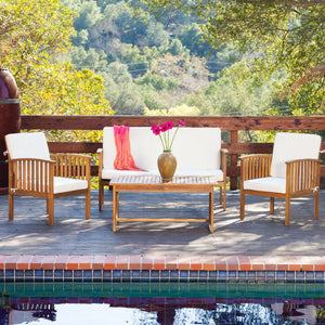 English Elm 4pc Outdoor Chat Set Solid Acacia Wood Loveseat Club Chairs and Coffee Table Patio Brown 59116.00