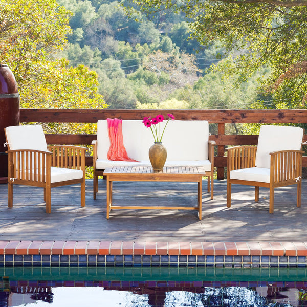 English Elm 4pc Outdoor Chat Set Solid Acacia Wood Loveseat Club Chairs and Coffee Table Patio Brown 59116.00