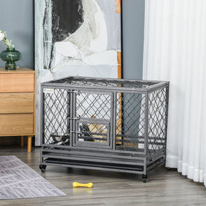 English Elm Pawhut Steel Dog Kennel with Lockable Wheels Slide Out Tray and Dual Entry Doors W2225P217160