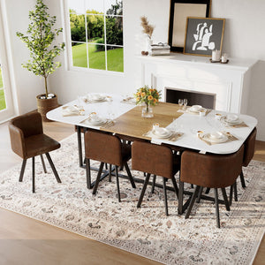 English Elm 9-piece Square Dining Set Seats 8 with Suede Chairs and Two-tone Metal Frame Brown,White,Wood W3875S00145
