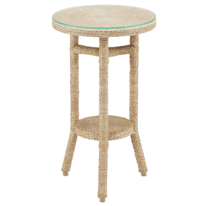 Limay Coastal Rope Drinks Table with Glass Top - Handcrafted Wrought Iron & Natural Abaca Design