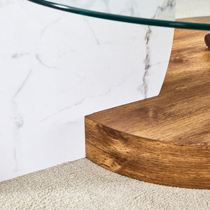 English Elm Contemporary Dual Tier Oval Glass Coffee Table with Marble and Wood Tone Base W1151P233589