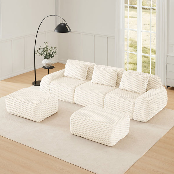 English Elm 114" U-shaped Modular Sectional Flannelette Sofa Oversized Lounge with Movable Ottoman Cream W714S01521