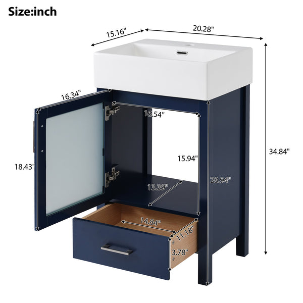 English Elm 20-Inch modern bathroom vanity with ceramic sink, soft-close door and ample storage for small spaces Blue WF324691AAC