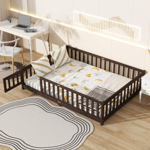 English Elm Full Size Rubberwood Floor Bed with Safety Guardrails and Latching Door for Toddlers Espresso W504P429302