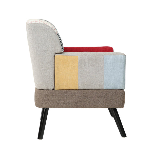 English Elm Patchwork Mid Century Modern Accent Chair - Colorful Linen Club Sofa, Solid Wood Frame, 250 lb Capacity W561P190124