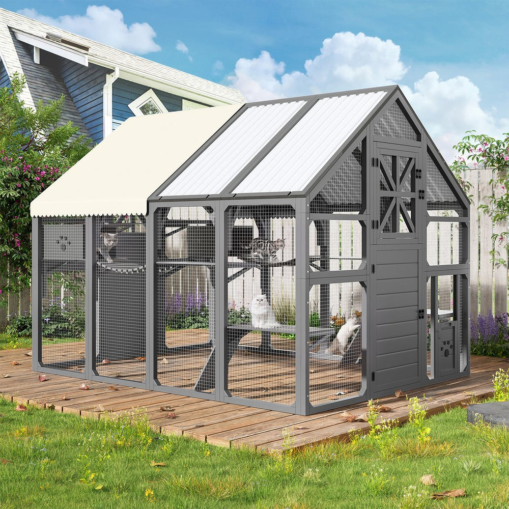 English Elm Large Walk-in Pine Wood Catio Enclosure with Platforms Resting Boxes and Planter Grey N704G201618E