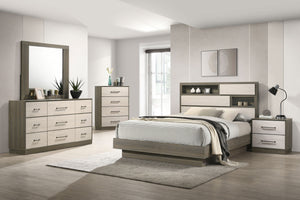 English Elm Edmondson California King Platform Bed with Storage Bookcase Headboard in Grey Oak B062S01777