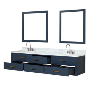 English Elm Blue Double Bath Vanity Set With Carrara Marble Top, Chrome Faucets & 36" Mirrors - Elegant Style! B2731S01837