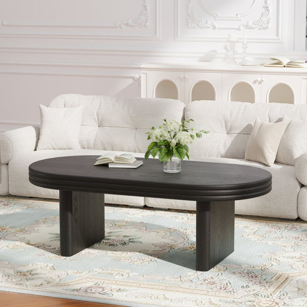 English Elm Mid Century Modern Oval Fluted Coffee Table with Wood Veneer for Living Room Black W757P370255