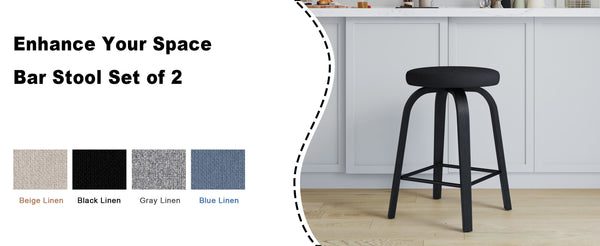 English Elm Swivel Backless Counter Stools Set of 2 with Fabric Seat Bentwood Legs Mid-century Modern Black W3107P446841