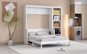 English Elm Full Murphy Bed with Storage Cabinets and Shelves, Space-Saving Wooden Wall Bed with 600lb Capacity White N7090004015K