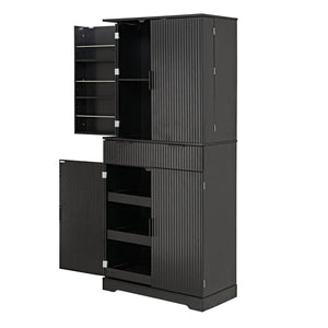 English Elm 72" Fluted Kitchen Pantry Cabinet with Anti-Tilt Stabilizers, Triple-Fold Hinges, Spice Door Racks and Deep Storage Black W2917P294985