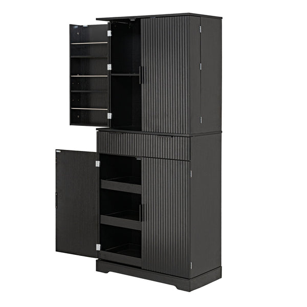 English Elm 72" Fluted Kitchen Pantry Cabinet with Anti-Tilt Stabilizers, Triple-Fold Hinges, Spice Door Racks and Deep Storage Black W2917P294985