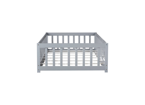 English Elm Twin Solid Rubberwood Floor Bed with Full Perimeter Safety Rails for Toddler Rooms Grey W504P296776