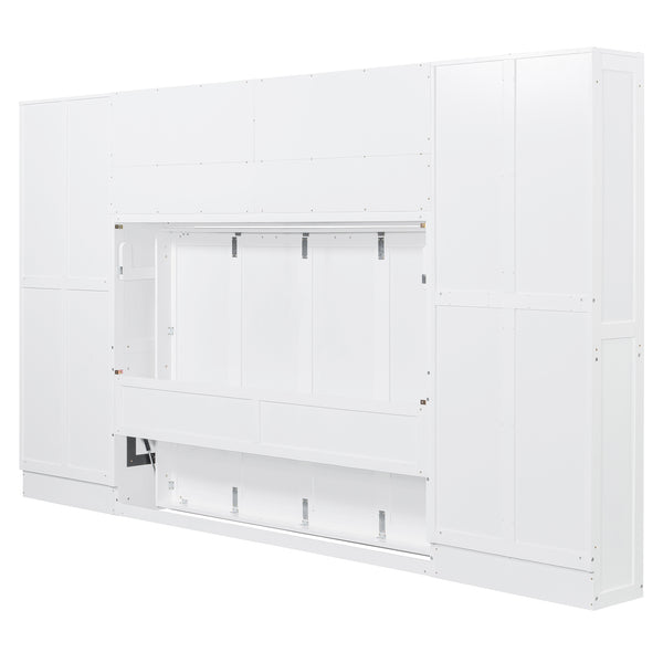 English Elm Full Size Murphy Wall Bed with Wardrobe Drawers Shelving for Studio Apartments LP000383AAK