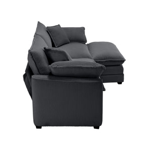 English Elm Corduroy L-Shaped Two-Seater Sofa With Ottoman – Cozy Grey Retro Design For Small Spaces & Comfort W714S00830