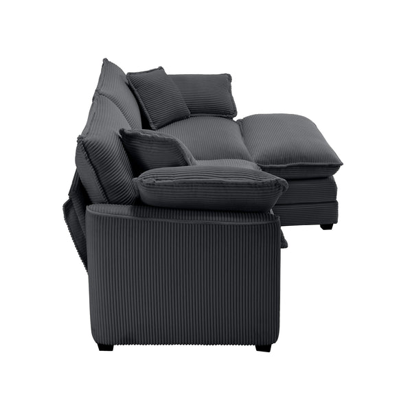 English Elm Corduroy L-Shaped Two-Seater Sofa With Ottoman – Cozy Grey Retro Design For Small Spaces & Comfort W714S00830