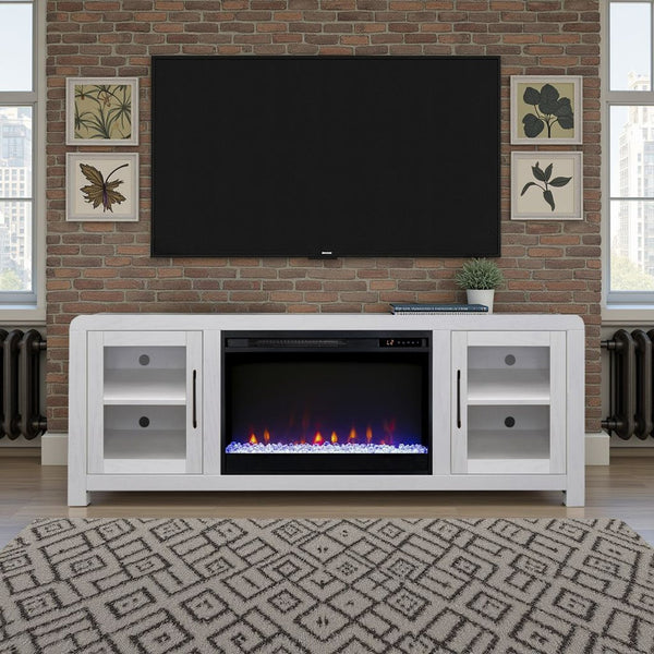 English Elm Haven 65 inch Entertainment Center with Electric Fireplace, Oak Veneer TV Stand, Glass Doors, Cable Management White B108P364420