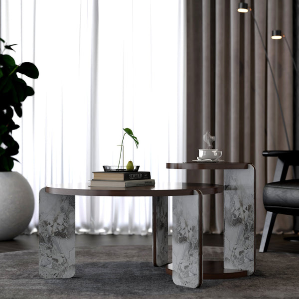English Elm Set of 2 Round Sintered Stone Nesting Tables Sleek Modern Accent for Living Rooms W2899P405895