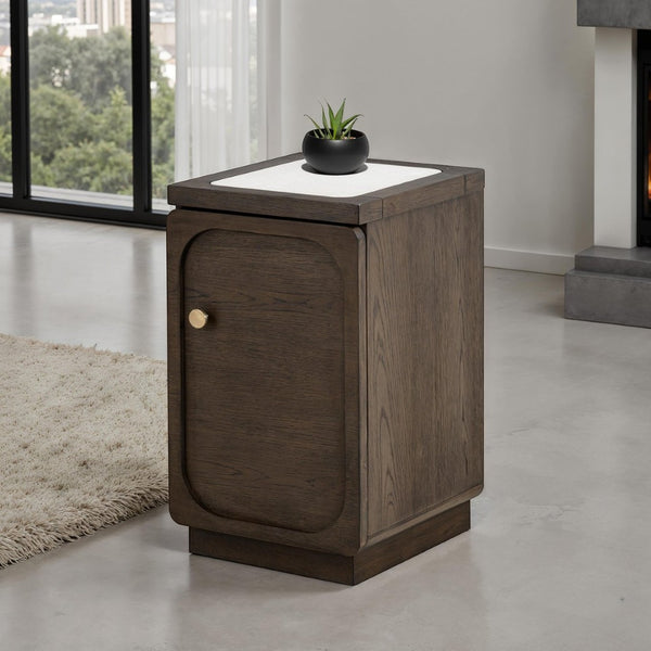 English Elm Transitional Side Table With Quartz Top & Usb Port - Dark Walnut Finish, Gold Knob, Elegant Design B2741P404272-GIGA