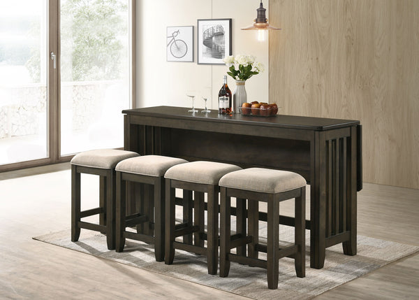 English Elm Dark Solid Wood Drop Leaf Table with 4 Stools — Space-Saving Expandable Dining Set, Durable Finish Dark Brown 75.5 L x 21.5 W x 17.25 H B2699P206768