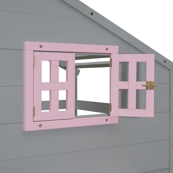 English Elm Twin Playhouse Bunk Bed Pinewood Frame with Pitched Roof Window Shelf and Storage Drawers Gray LT001608AAE-1