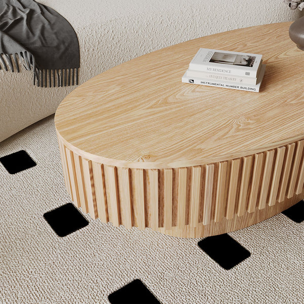 English Elm 47'' Oval Storage Coffee Table Fluted Wood Veneer Lift Lid Sculptural Living Room Accent Natural Wood W1435P293222