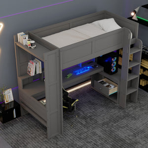 English Elm Wood Twin Loft Bed with Desk Led Lighting Charging Ports and Multi-zone Storage SM000373AAE