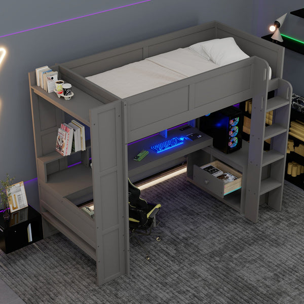 English Elm Wood Twin Loft Bed with Desk Led Lighting Charging Ports and Multi-zone Storage SM000373AAE