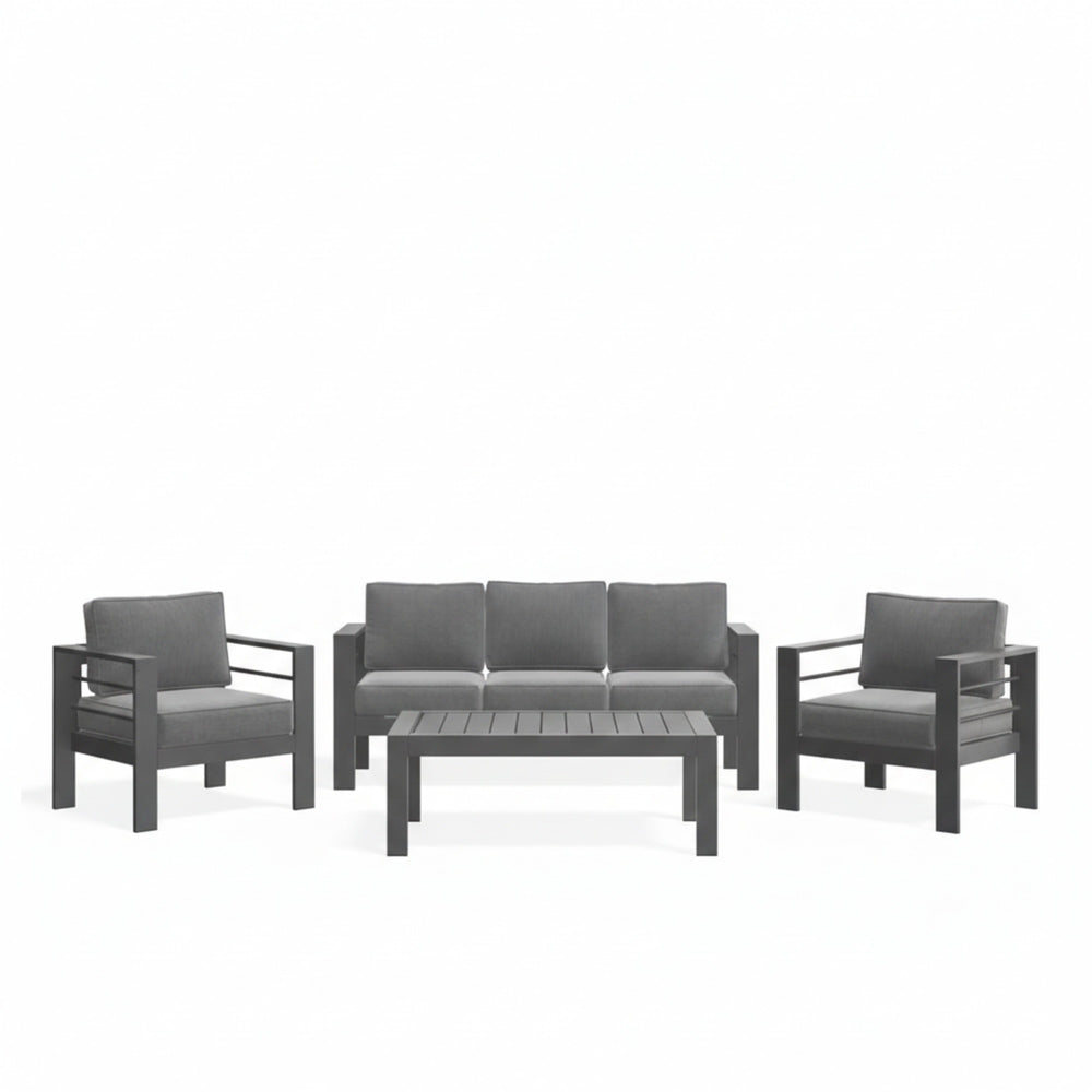 English Elm All-weather Outdoor 4 Piece Iron Conversation Set with Olefin Cushions and Wood Grain Table Gray B082S00104