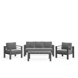 English Elm All-weather Outdoor 4 Piece Iron Conversation Set with Olefin Cushions and Wood Grain Table Gray B082S00104