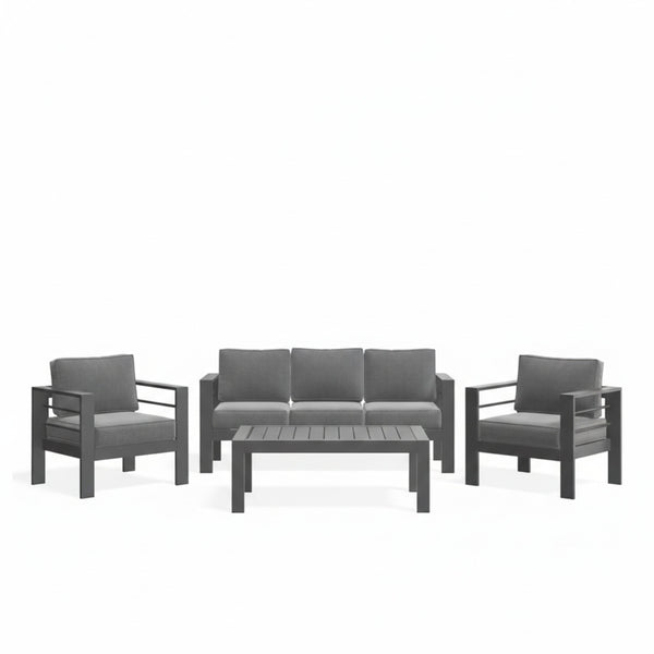 English Elm All-weather Outdoor 4 Piece Iron Conversation Set with Olefin Cushions and Wood Grain Table Gray B082S00104