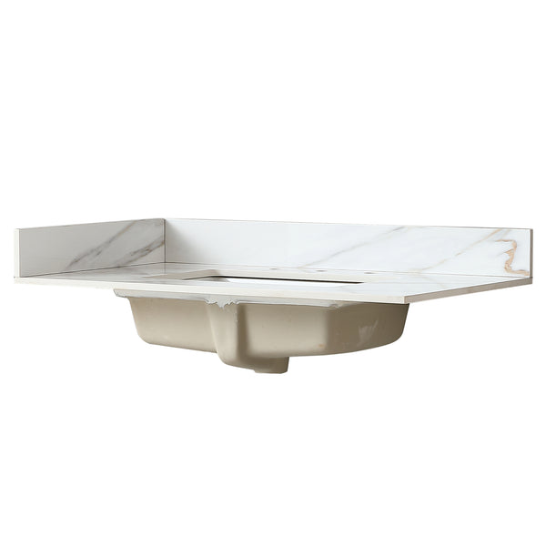 English Elm 37 Inch Marble Vanity Top - Elegant Carrara White Finish With Undermount Sink & 4" Backsplash Design W2699P192442