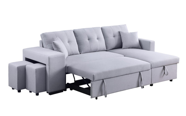 English Elm Dino Linen Tufted Sleeper Sectional with Reversible Chaise Storage and Two Ottomans Light Gray B2749S00202