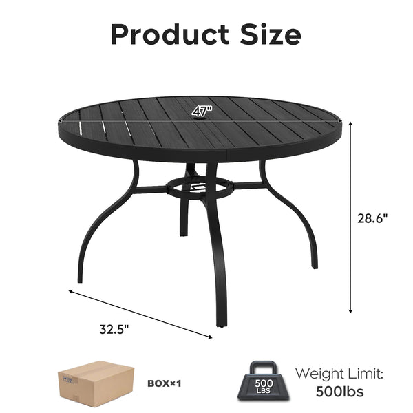 English Elm "round Faux Wood Slat Top Outdoor Dining Table 47 Inch Iron Base Patio Garden Black W3979P402407