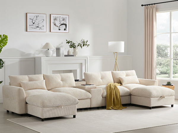 English Elm 142'' Modular Sectional Sofa - 6-Seat U-Shaped Design With Storage Ottoman & Usb Charger N723S9777A-GIGA