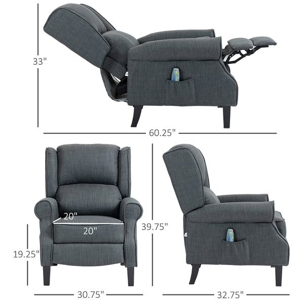 English Elm HOMCOM Linen Massage Recliner Chair with Heat & Dual Motors, Wingback Push-Back Sofa w/ Footrest and Side Pocket Charcoal grey W2225P200664