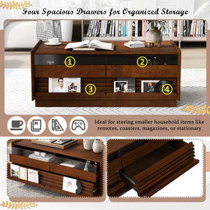 English Elm U-Can Stylish Rectangle Coffee Table With 4 Drawers & 2 Shelves, Elegant Fluted Design For Living Room N724P286421D-GIGA