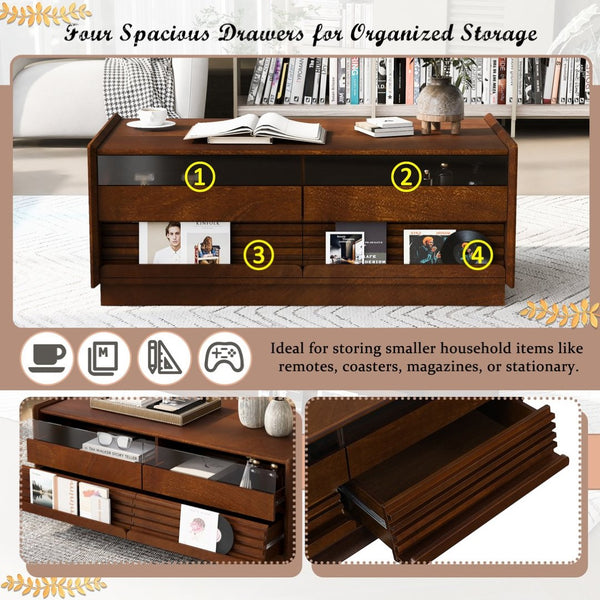 English Elm U-Can Stylish Rectangle Coffee Table With 4 Drawers & 2 Shelves, Elegant Fluted Design For Living Room N724P286421D-GIGA