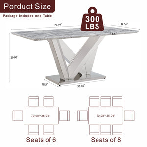 English Elm Marble Dining Table For 6 - 70'' Rectangular Faux Marble Top & Mirrored Stainless Steel Base W3456S00043