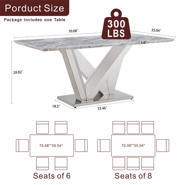 English Elm Marble Dining Table For 6 - 70'' Rectangular Faux Marble Top & Mirrored Stainless Steel Base W3456S00043
