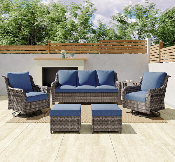 English Elm Tl Seven Piece Outdoor Pe Rattan Patio Set with Swivel Chairs Footstools and Side Table T5925S00006