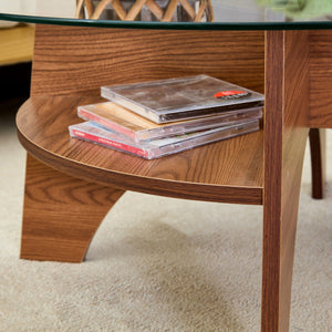 English Elm Round Tempered Glass Coffee Table with Fan Pedestal Base for Modern Living Rooms Transparent,Walnut W1151P256004